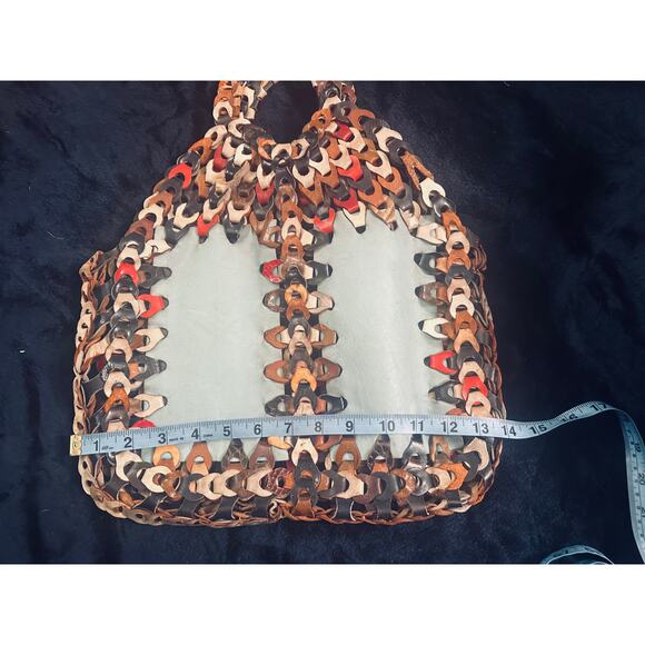 VINTAGE 60's 70's ALL LEATHER MULTI LINKS BOHO HIPPIE BAG W/ AQUA PANELS - Picture 3 of 5
